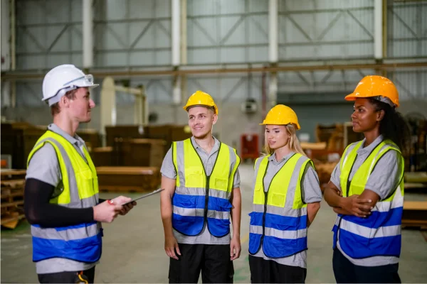 Equipo industrial durante una charla de seguridad dentro de una planta