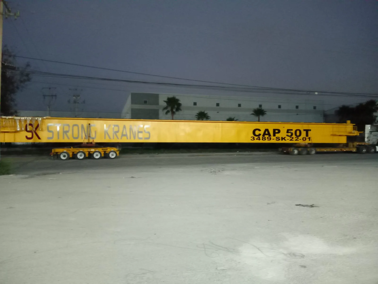 Grúa viajera bipuente Strong Kranes de 50 toneladas vista en un patio industrial