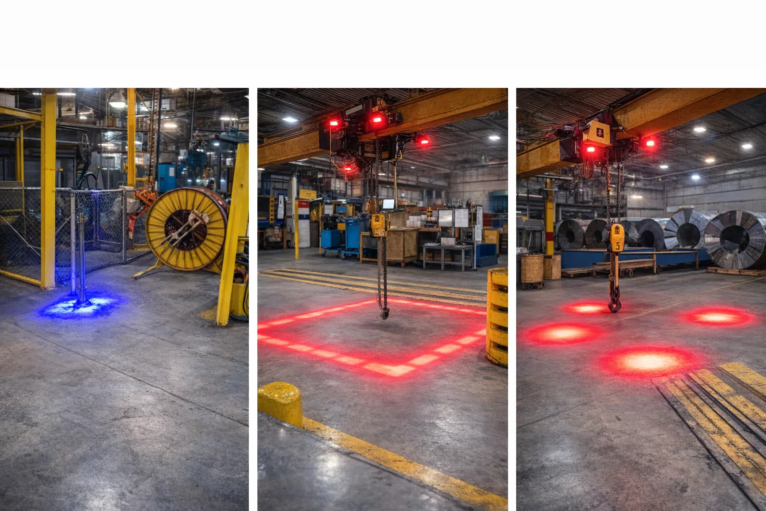 Comparación de proyecciones azules y rojas de luces de seguridad para equipos de izaje